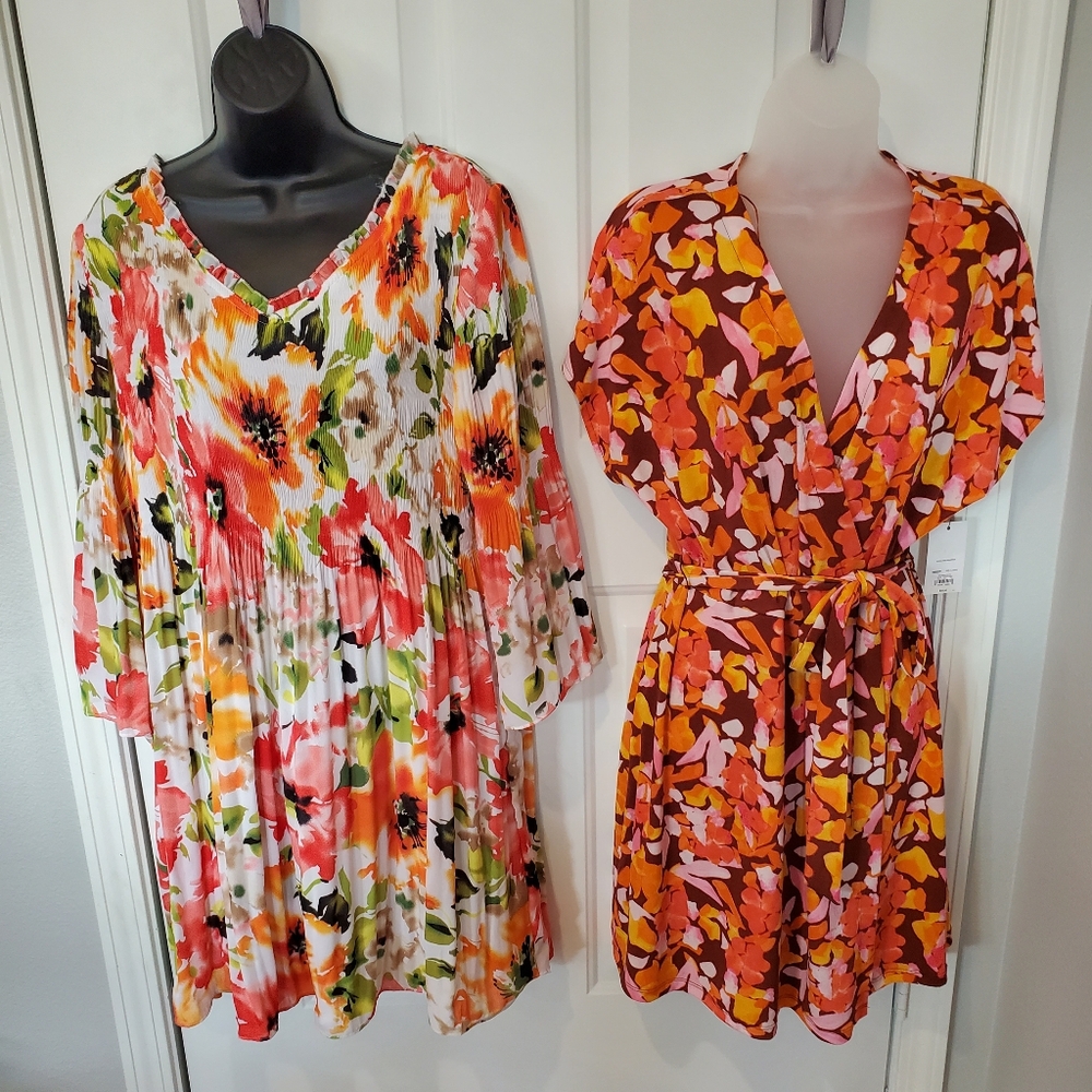 Floral V-Neck Dresses - Orange and Multicolor